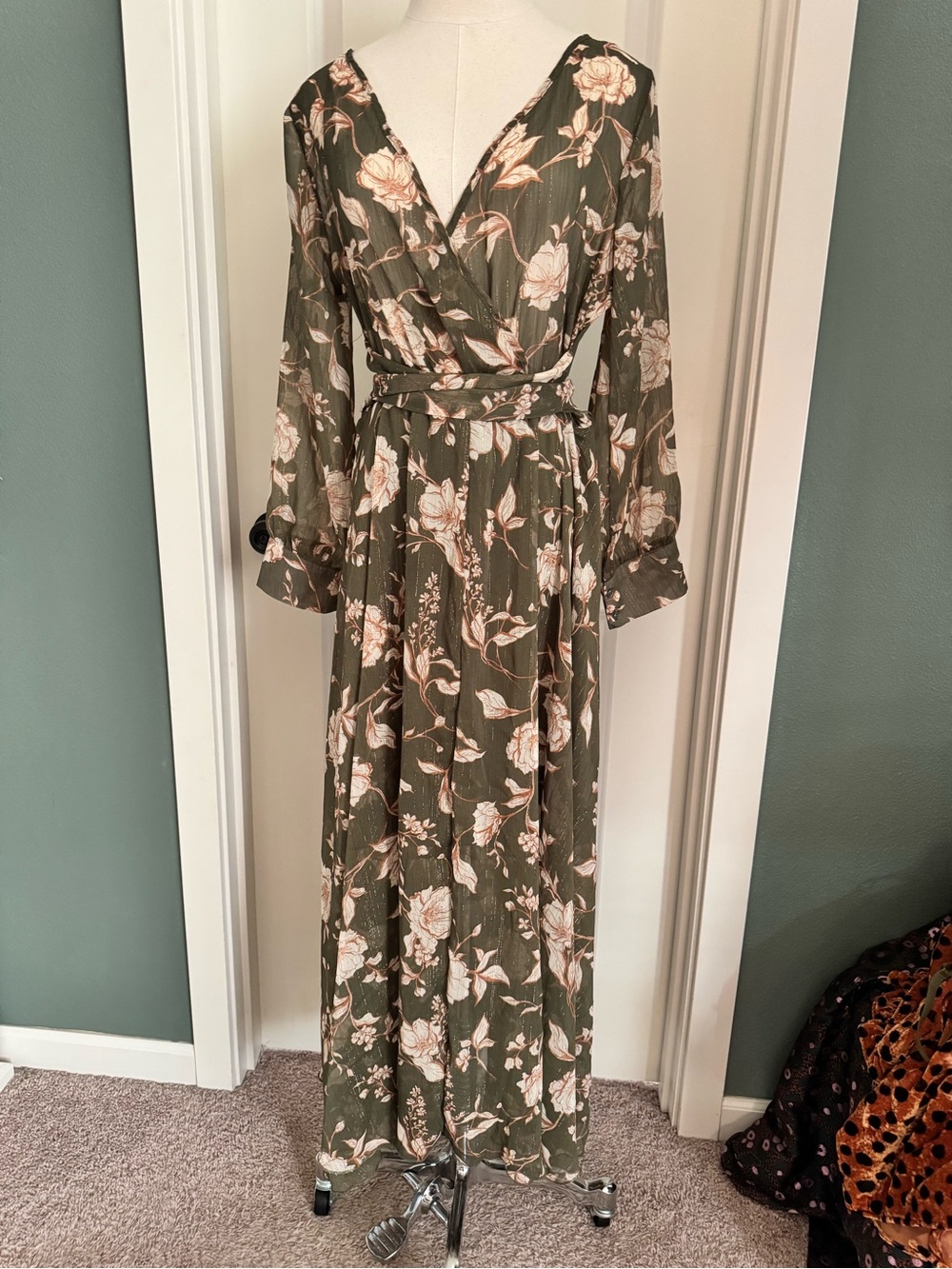 Olive Floral Wrap Maxi Dress with Waist Tie